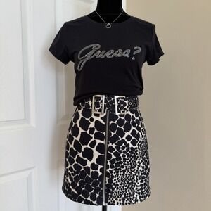 Topshop Women's Belted Giraffe Print Denim Mini Micro Skirt Size 2 Y2K Glam Chic